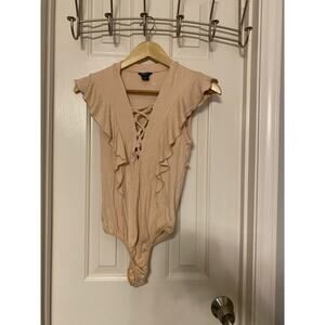Marciano Nude Ruffle Lace Up Bodysuit size small